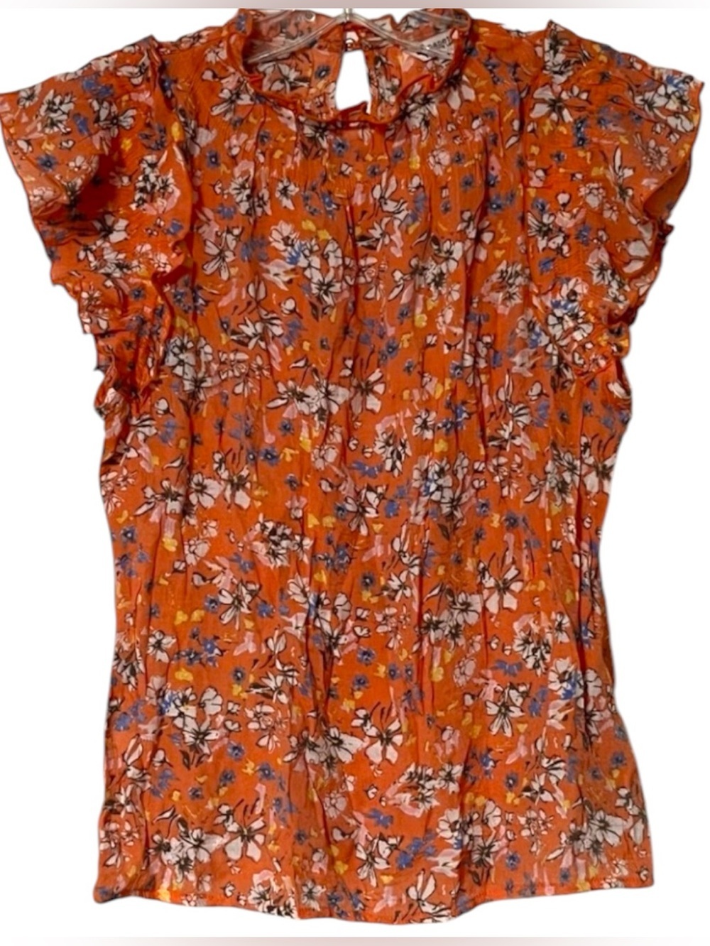 Nanette Lepore Chic vibrant orange floral ruffled cap sleeve Feminine blouse